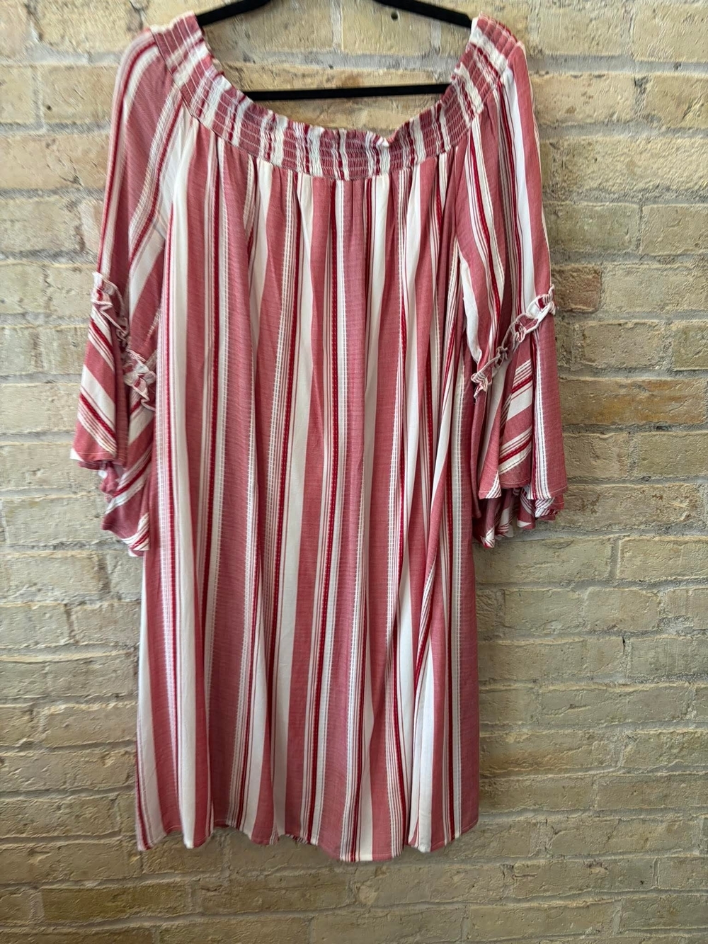 Luxology Red and White Striped Off-Shoulder Dress
